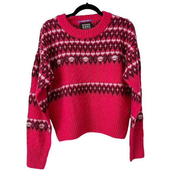 NWT Scotch & Soda Cable Knit Fair Isle Wool Alpaca Blend Pink Sweater Size Large - Picture 4 of 8